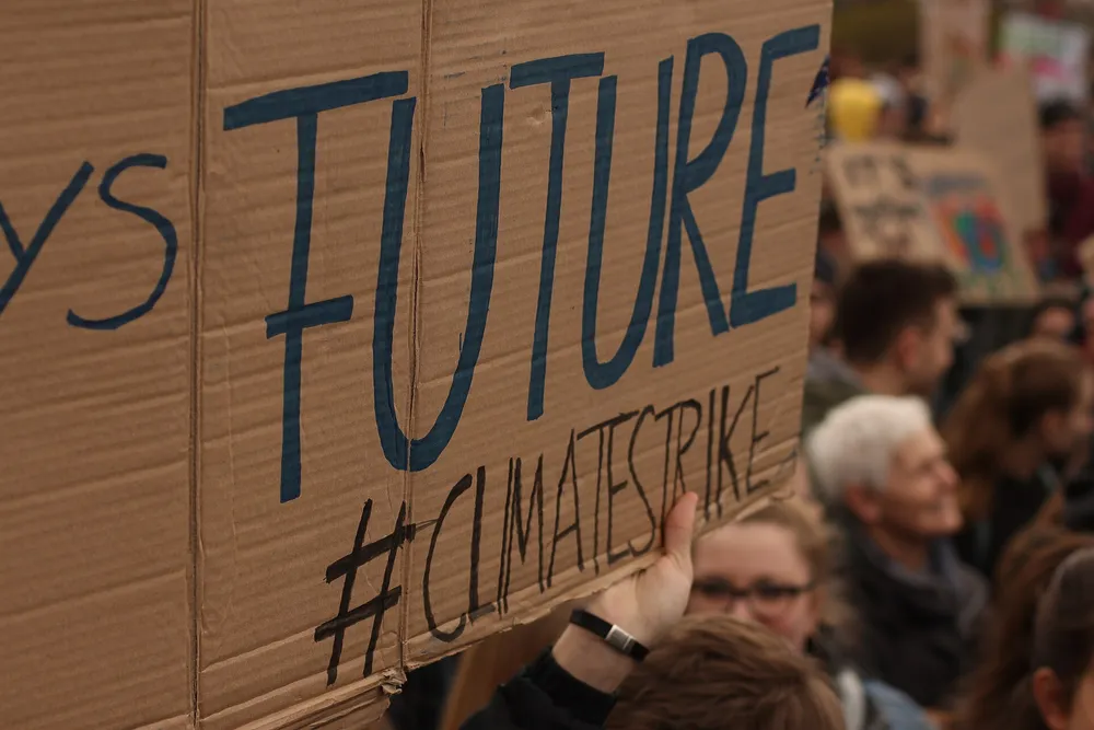 Großes Kartonschild mit der Aufschrift Future und #climatestrike